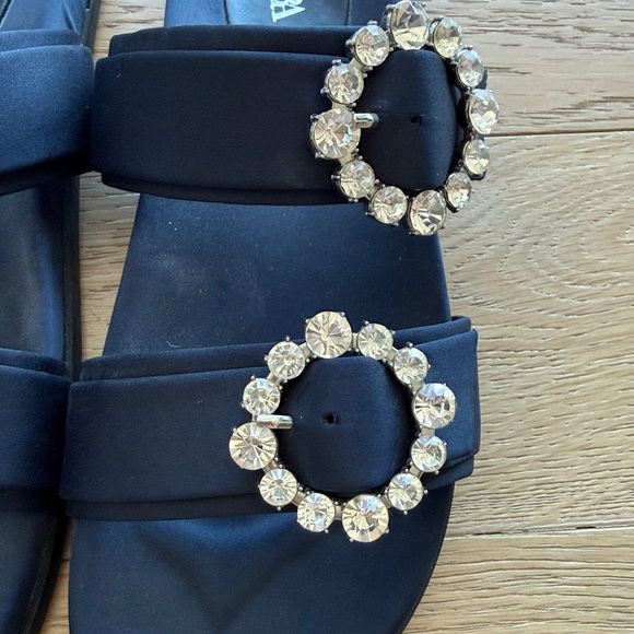 Zara Women's Navy Satin Slide Sandals with Crystal Buckles - Picture 3 of 5